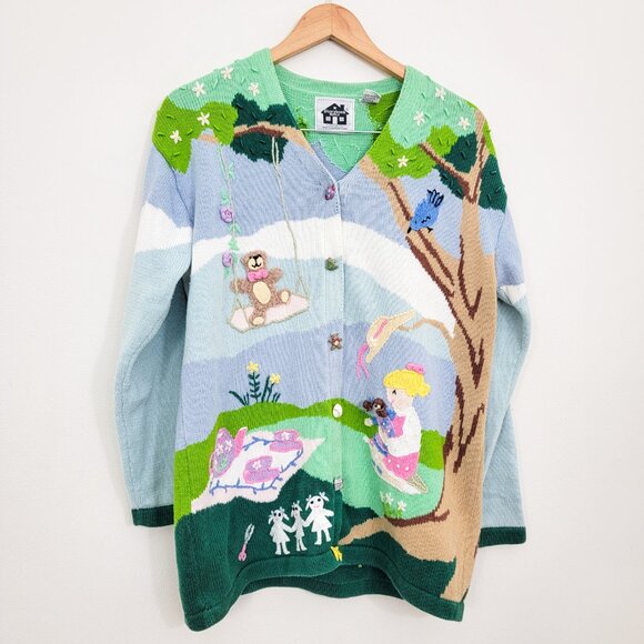 Vintage Storybook Knits Kids Playing Toys Trees Cardigan Sweater Medium - Picture 1 of 9